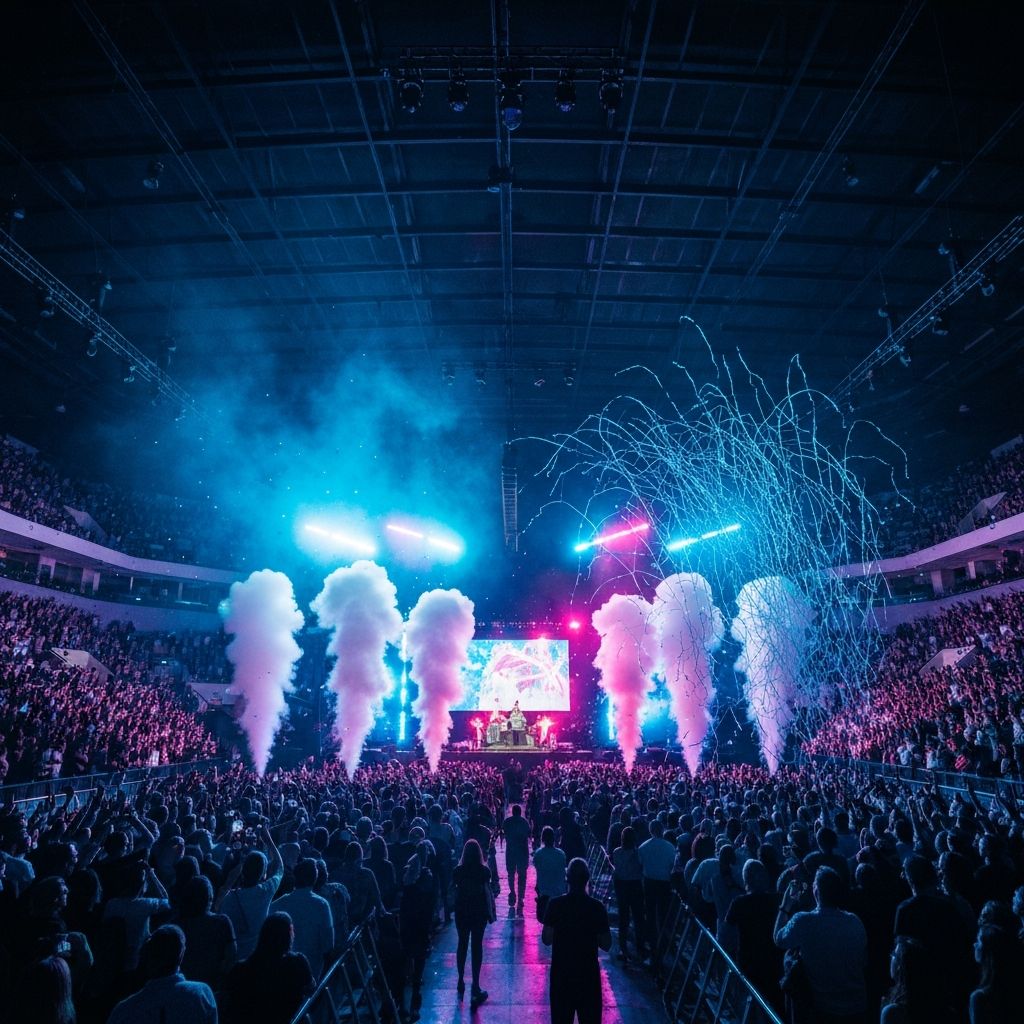 Concert crowd with dramatic stage lighting